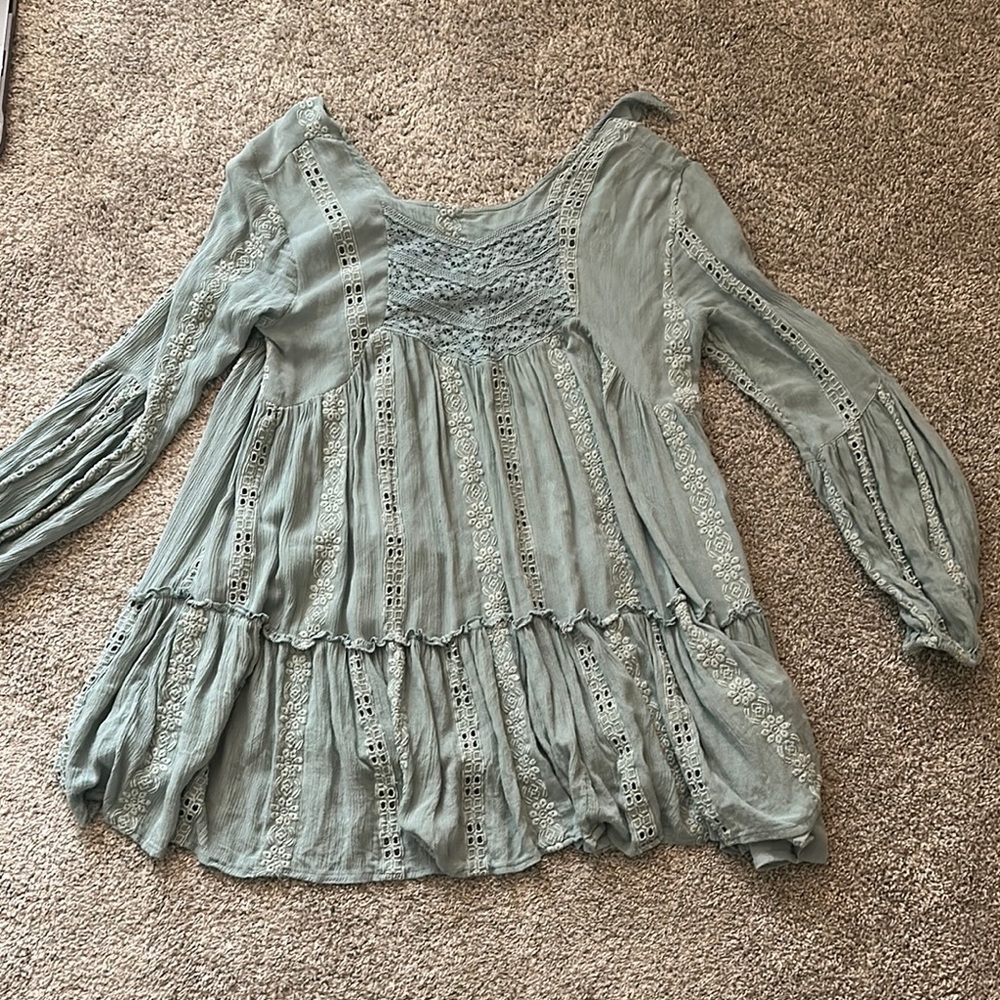 Free People XS Tunic Vintage Shirt Dress Blue Green